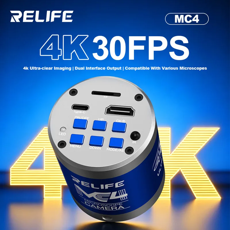 RELIFE MC4 4K 8MP Industrial Microscope Camera HDMI Type-C Dual Output Photo Video Recording Remote Control for Phone PCB Repair