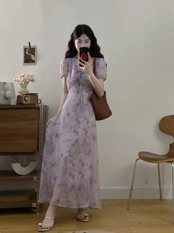 

Женское фиолетовое платье больших размеров с V-образным вырезом, юбкой А-силуэта с узором под дерево, приталенным силуэтом, во французском стиле, летняя новинка