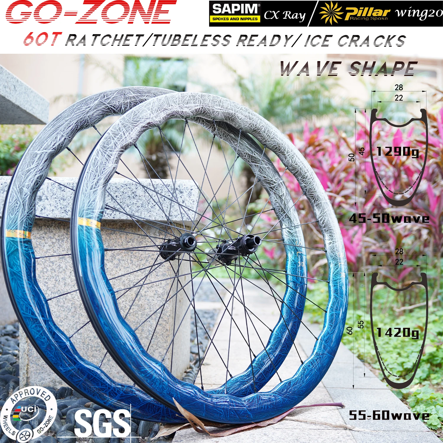 

1290g Super Light 28mm 700c Carbon Wheels Disc Brake Sapim / Pillar R252sl 60T Ratchet Tubeless UCI Wave Road Bicycle Wheelset