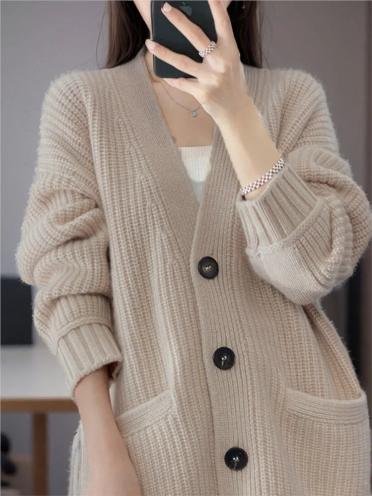 Autumn Solid Sweater Knitted Coat With Pockets Women Loose V-Neck Single Breasted Fleece Cardigan Casual Fashion Female Overcoat