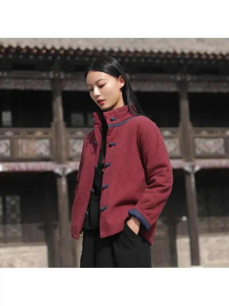 

Retro National Style Button up Short Washed Linen Cotton Jacket Women's Stand Collar Short Cotton Coat Winter New Arrival