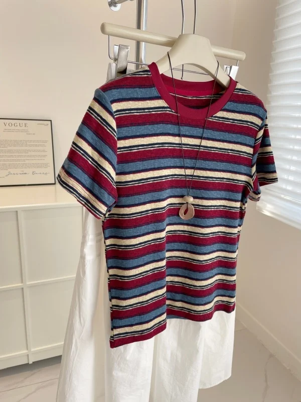 Camiseta Retro de manga corta con rayas blancas, rojas y azules, informal, con cuello redondo, adelgazante, ajustada, para primavera y verano, estilo coreano para ir al trabajo