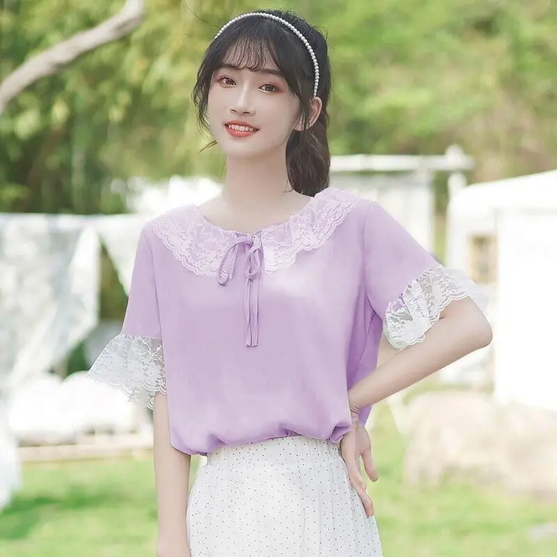 Szyfonowa koszula Szyfonowa kokarda Lotus Luźny, wąski koronkowy top dla kobiet