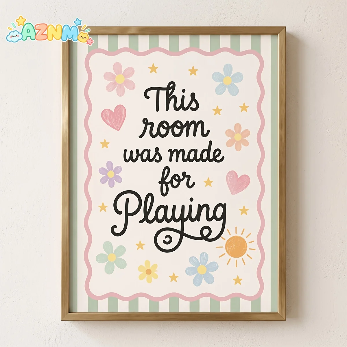 2D Flat, Kids Nursery Wall Art Suitable for Playroom & Toddler Bedroom - Sage Green Striped Pastel Boho Cursive with Wavy Pin