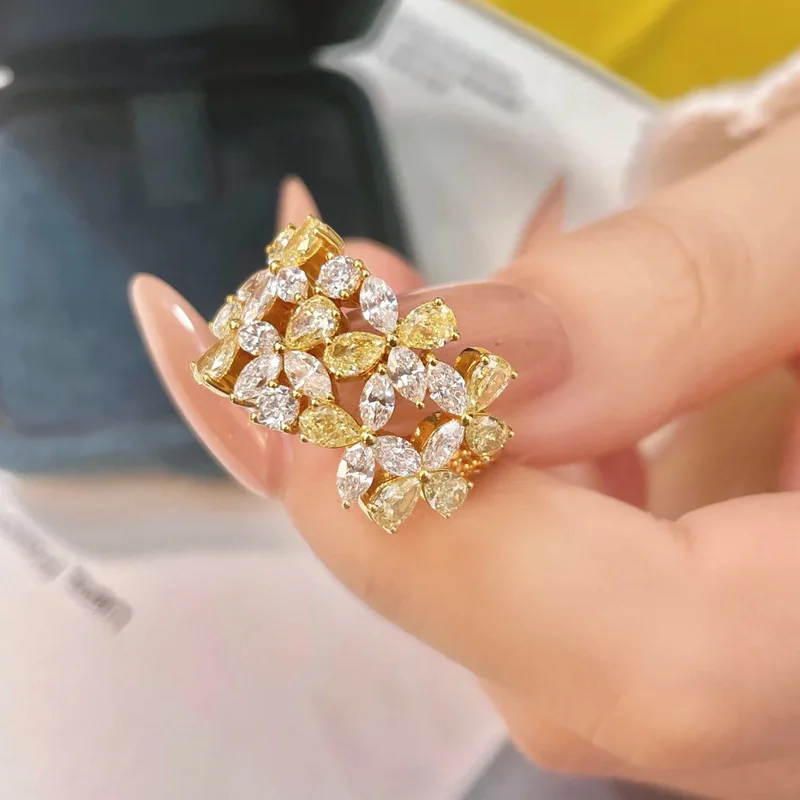 925 Sterling Silver New Sweet Small Yellow Flower Diamond Women'S Ring Ins Water Droplet Type Niche High-End Open Mouth Ring