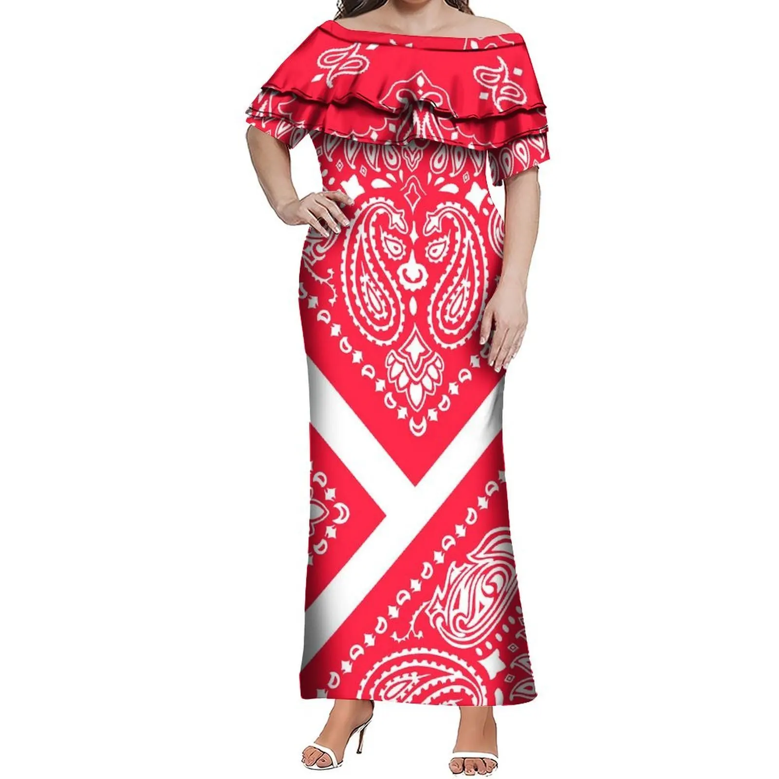 Elegante vestido de emagrecimento de folha de lótus de camada dupla de um ombro para o verão bandana vestido de festa e festival personalizado feminino