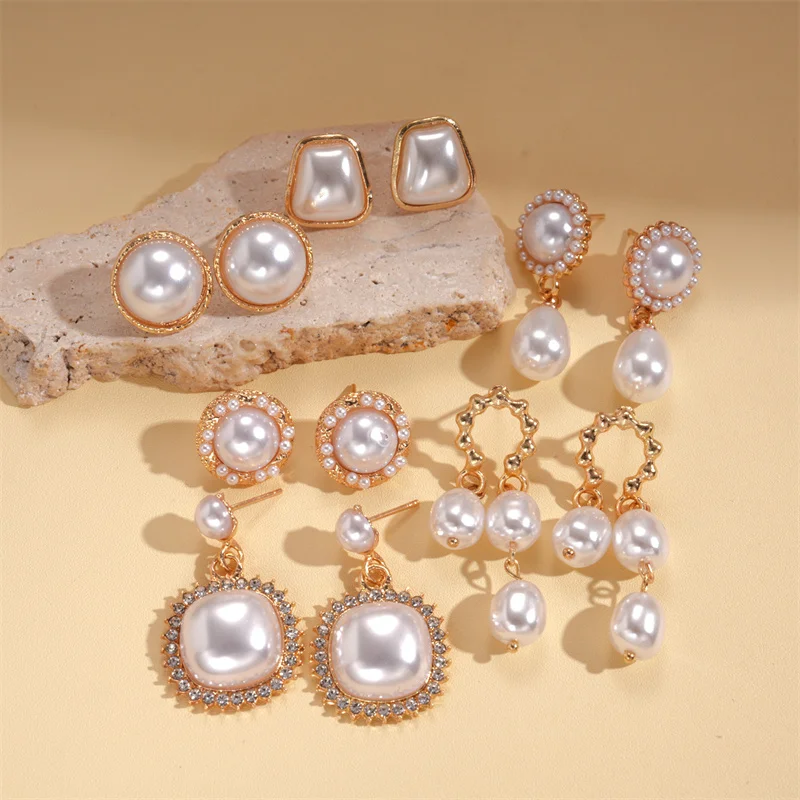 Twelve piece set of European and American retro diamond studded imitation pearl silver needle earrings