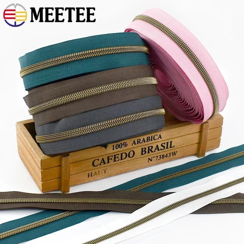 3/5/10Meters 5# Nylon Zipper Colorful Tape Bronze Teeth Open-End Zips Tailor for Bag Clothes Repair Kit DIY Sewing Accessories