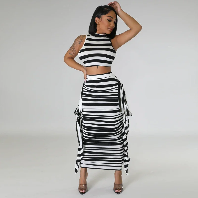 Women Summer Striped Two Piece Set O Neck Sleeveless Tank Crop Tops Side Ruffles High Waist Bodycon Maxi Skirts Casual Suits