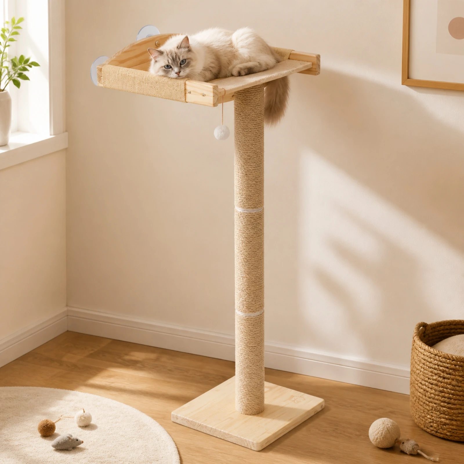 Wooden Cat Tree with Scratching Post Natural Wood Window Cat Perch with Suction Cups Stable Space-Saving for Cats, Sunbathing