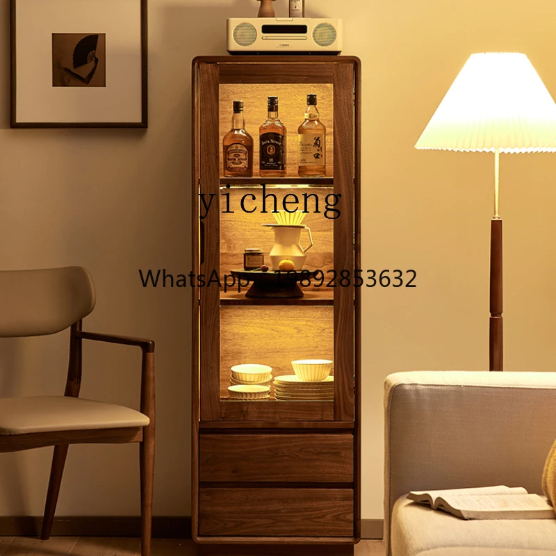 

GZ black walnut wine cabinet Nordic simple solid wood vertical cabinet Home living room glass display locker
