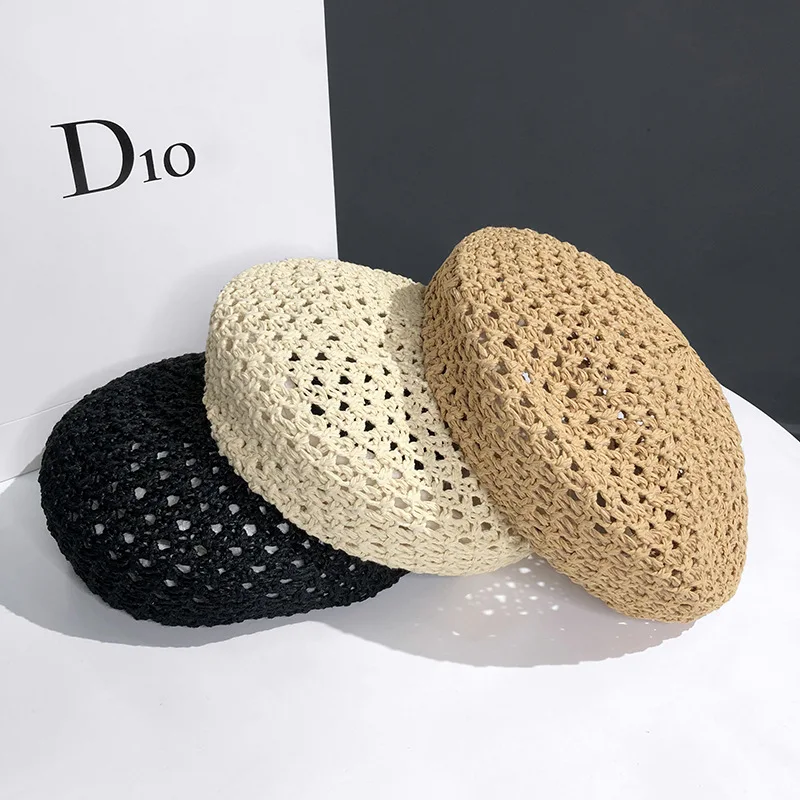 INS Version Spring Summer Breathable Starw Beret Hat Female Wind Beret Wild British Beret Hat Hollow Painter Hat Wholesale