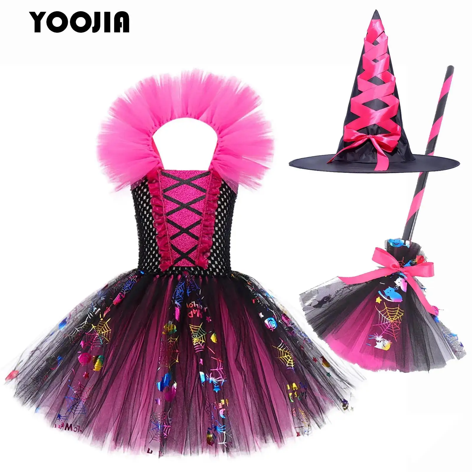

Witch Costume for Girls Halloween Tutu Knee Dress Hat Broom Kids Carnival Cosplay Party Outfit Fancy Dress Up Dresses Set