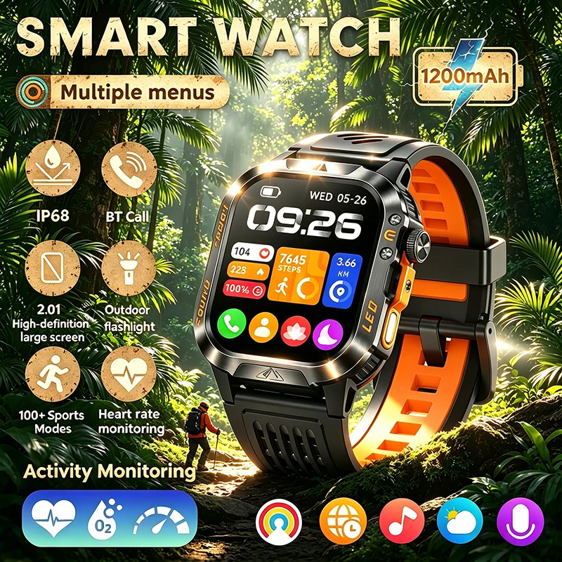 

2026 Smart Sports Watch 1200mAh Large Battery Voice Assistant Heart Rate Sleep Monitoring Flashlight Wireless Call Smart Watch