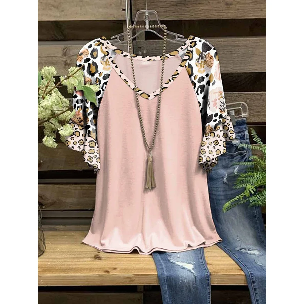 New Women Pink T-shirts Leopard Sleeves Splicing Style Pink Fashion y2k Clothes V-neck Tops for Female