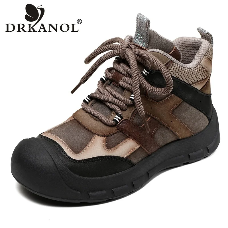 

DRKANOL 2024 Mixed Colors Genuine Leather Casual Sneakers Women Autumn Retro Lace-Up Round Toe High Top Shoes Flat Short Boots