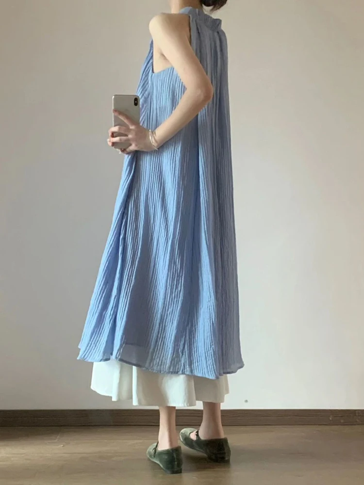 ゾキ レディース ビーチ スイート ロングスカート カジュアル ルーズ Oネック エレガント パッチワーク ドレス ヴィンテージ 韓国風 サマーデザイン レディース レトロ ブルー ドレス