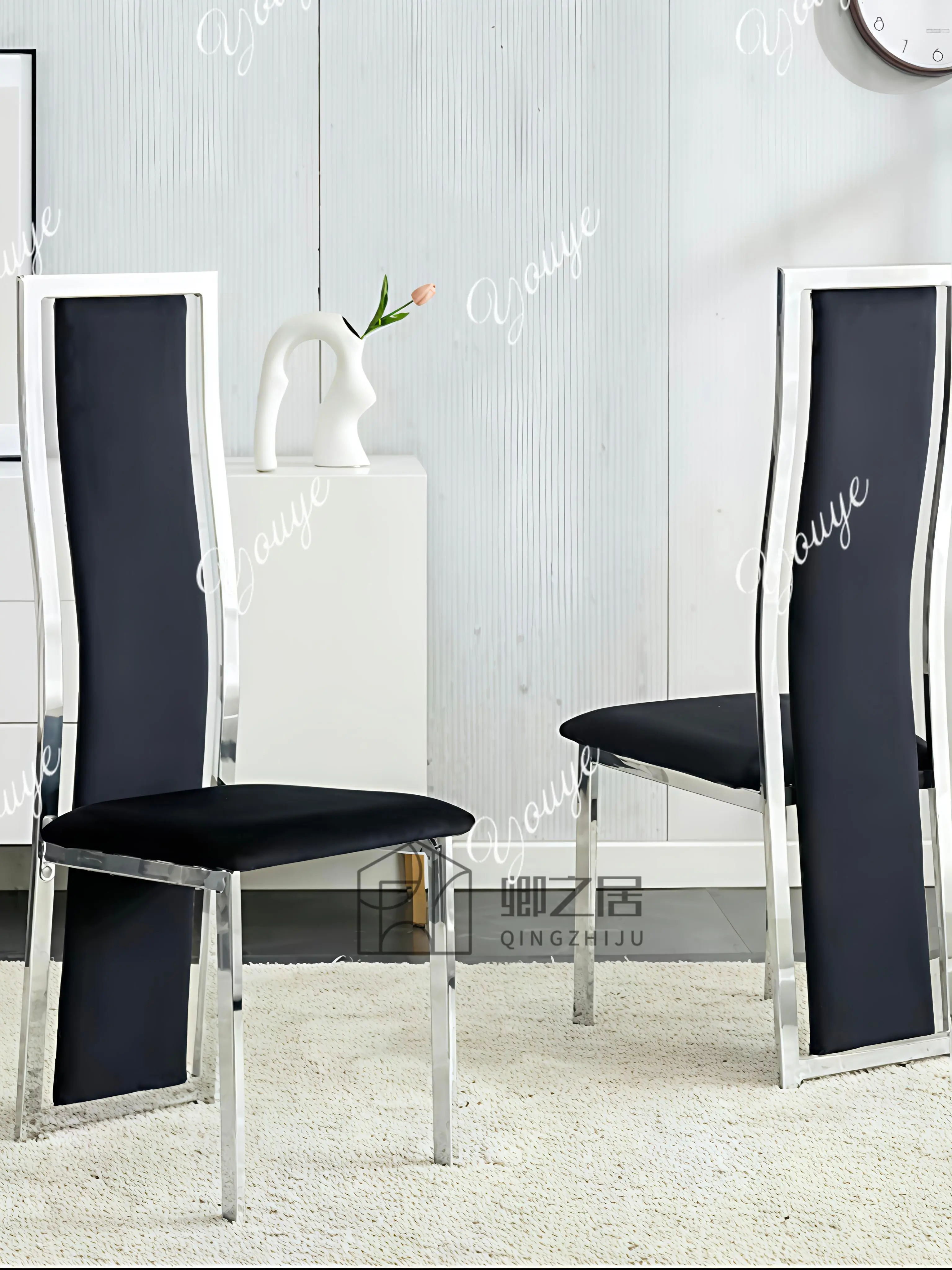 Light luxury stainless steel high-end dining chair modern simple banquet hall hotel restaurant gold microfiber leather