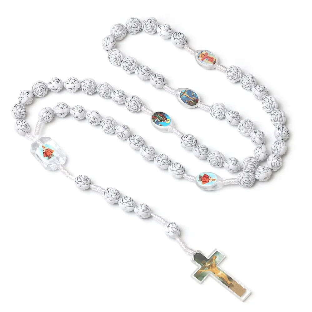 Religion White Rosary Necklace For Women INRI Crucifix Cross Pendant Rose Beads Chain Necklace Female Prayer Jewelry