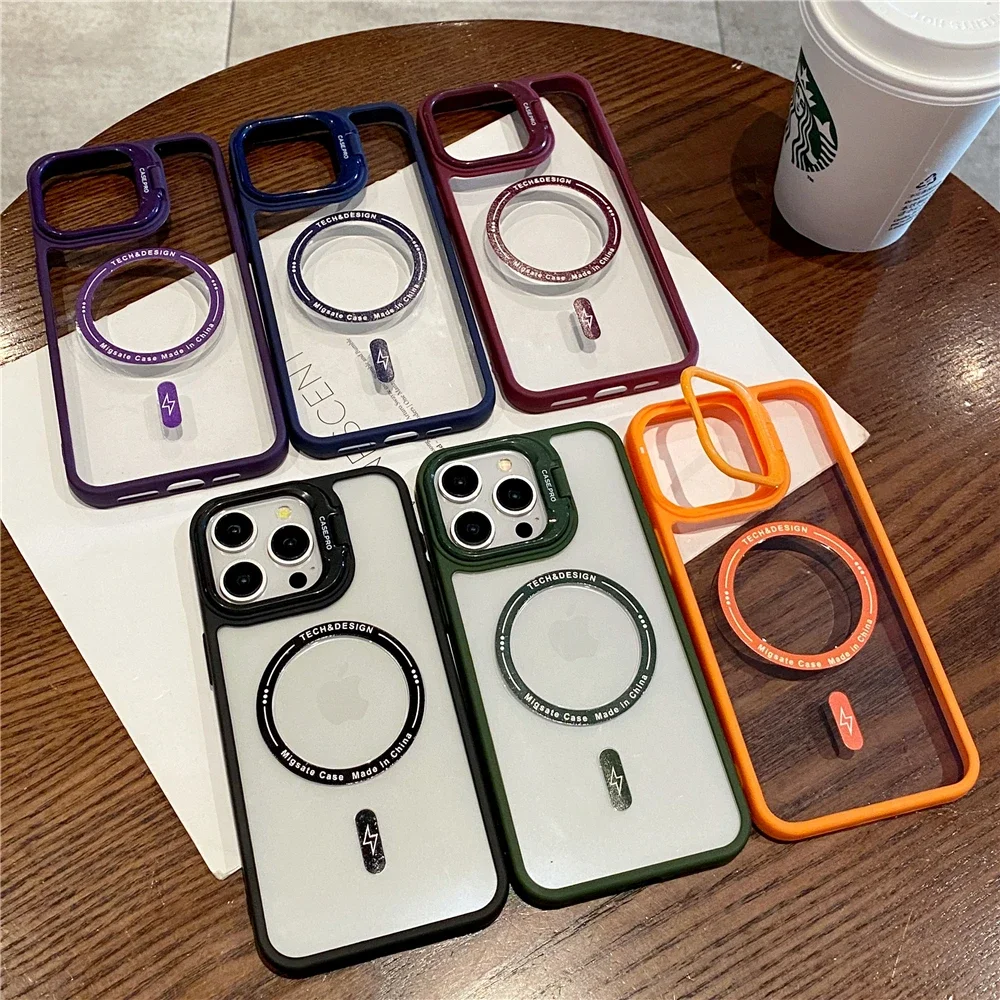 Folding Camera Holder Bracket Stand Phone Case For iPhone 14 11 13 12 15 Pro Max XR XS X 6 7 8 Plus SE Magnetic Hard Clear Cover