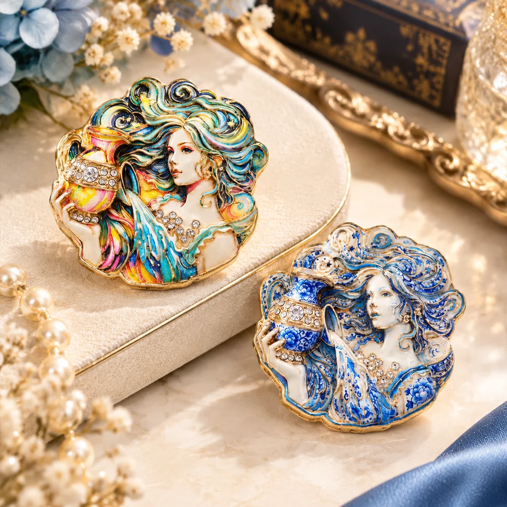 Vintage Goddess Enamel Brooch Colorful Rhinestone Inlaid Aquarius Lady Vase Figure Lapel Pin Elegant Jewelry Accessory Gift