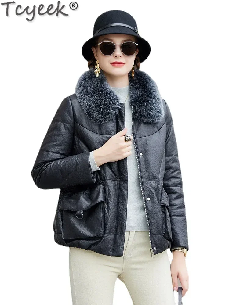 Tcyeek Winter Warm Genuine Leather Down Jacket Women Natural Fox Fur Collar Fashion Sheepskin Coat for Woman Clothes Chaqueta