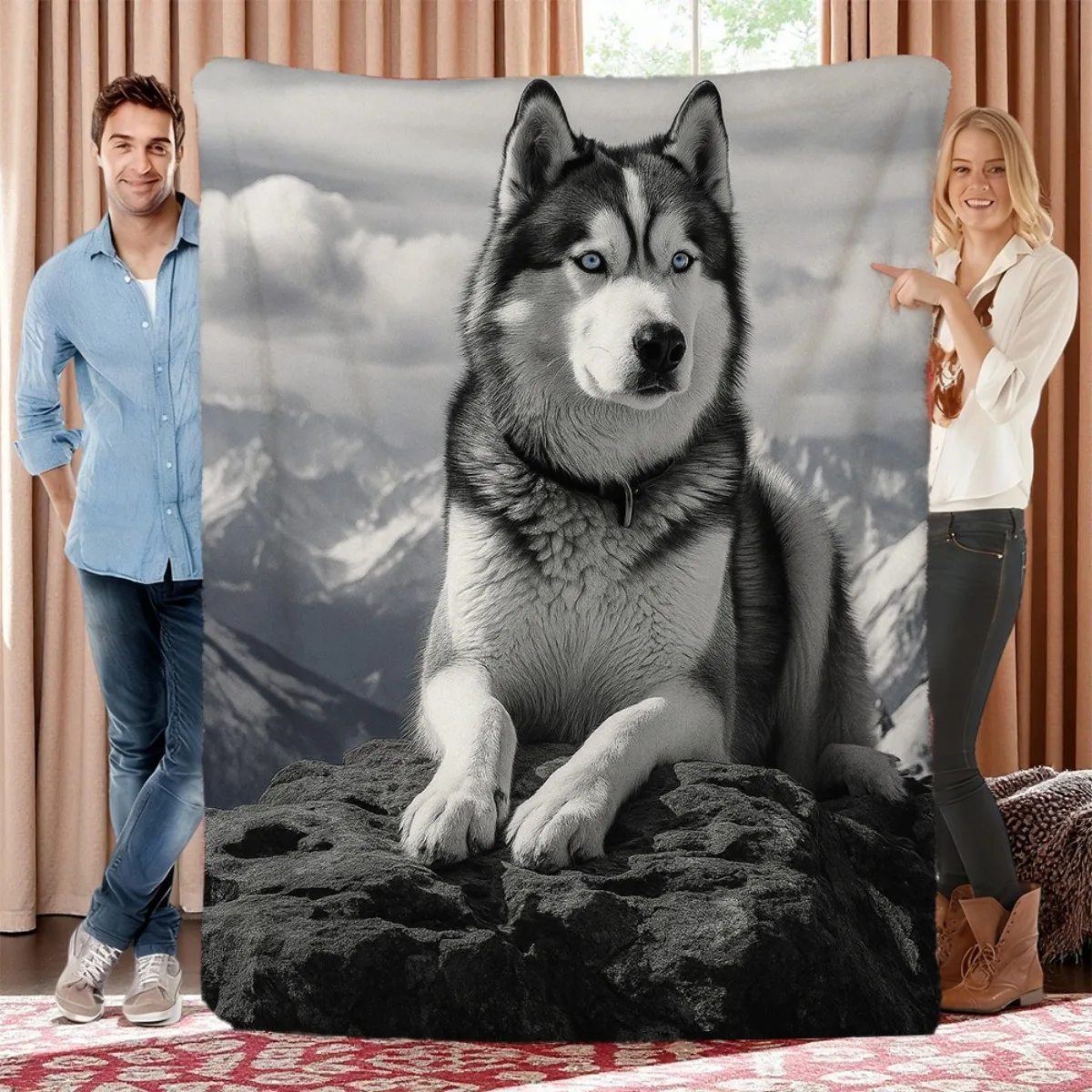 Siberian Husky Dog Art Print Throw Blanket Plush Fleece Cozy Mural Pet Lovers Gift Home Decor Aesthetic Wall Art Living Room