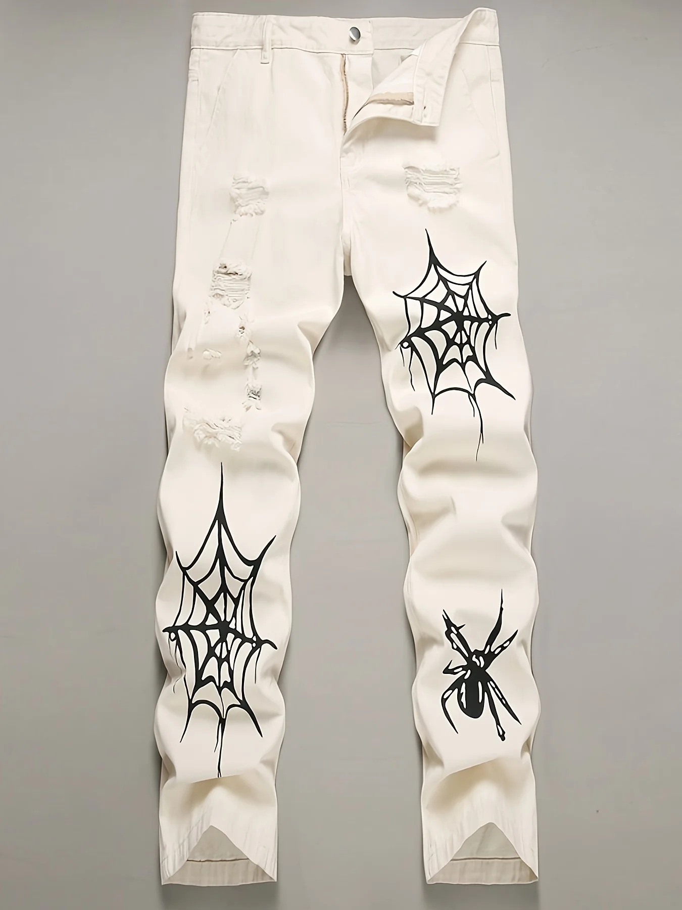 

Men's jeans, men's spider web printed worn-out jeans