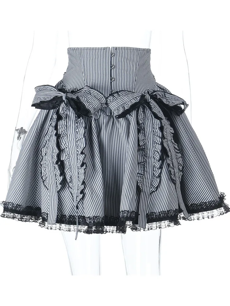 القوطية الحلو المرأة مطوي تنورة الأزياء شريطية صغيرة عالية الخصر تنورة أنيقة Kawaii الصيف عارضة السيدات شريط مطوي تنورة