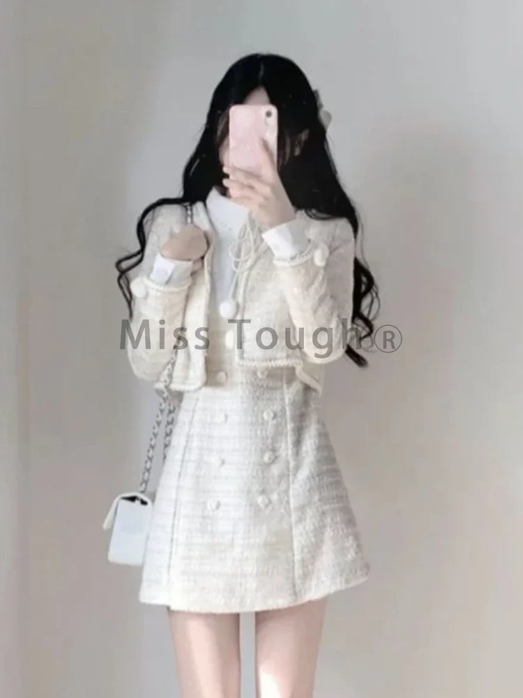 Strik Zoete Kawaii Tweedelige Set Vrouwen Patchwork Koreaanse Mode Mini Jurk Pak Dames Lange Mouw + Vintage Jurk 2023 Nieuwe