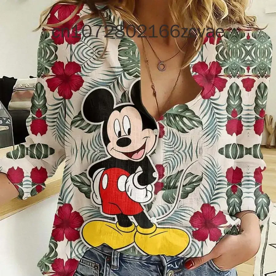 2024 Summer New Disney Women's Shirts Mickey Mouse Hawaiian Shirts Fashion Long Sleeve Women Shirts