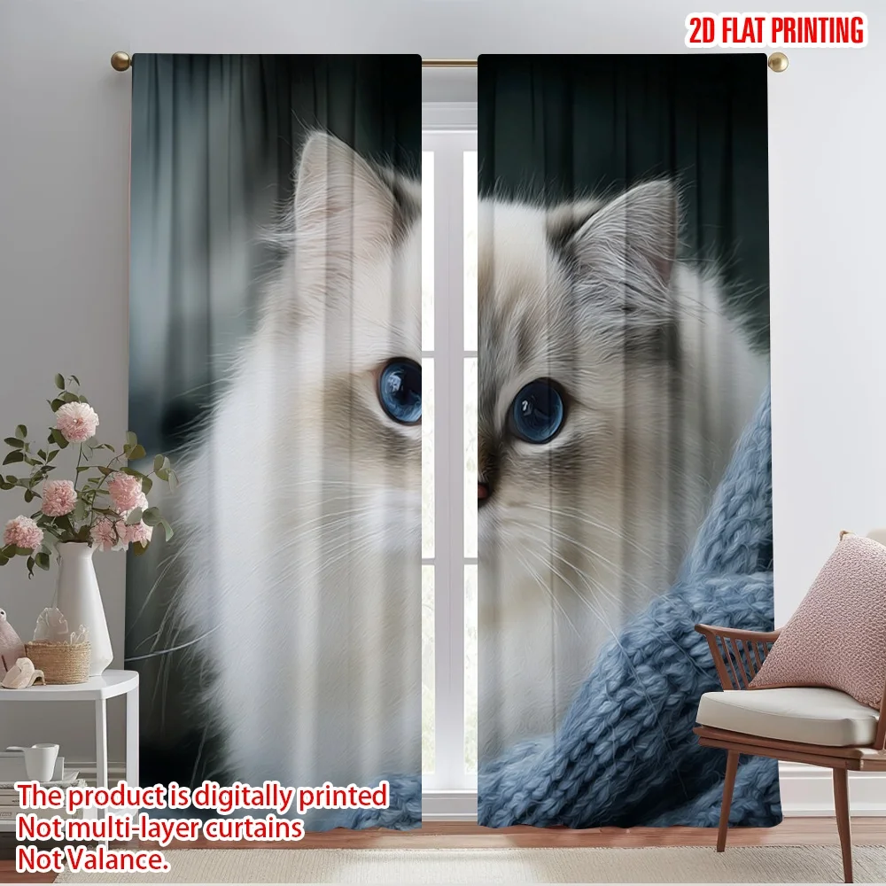 

2pcs 2D flat printing Window Drapes Furry Blue Polyester Fabric Without Electricity All Season Party & Holiday Decor Use for