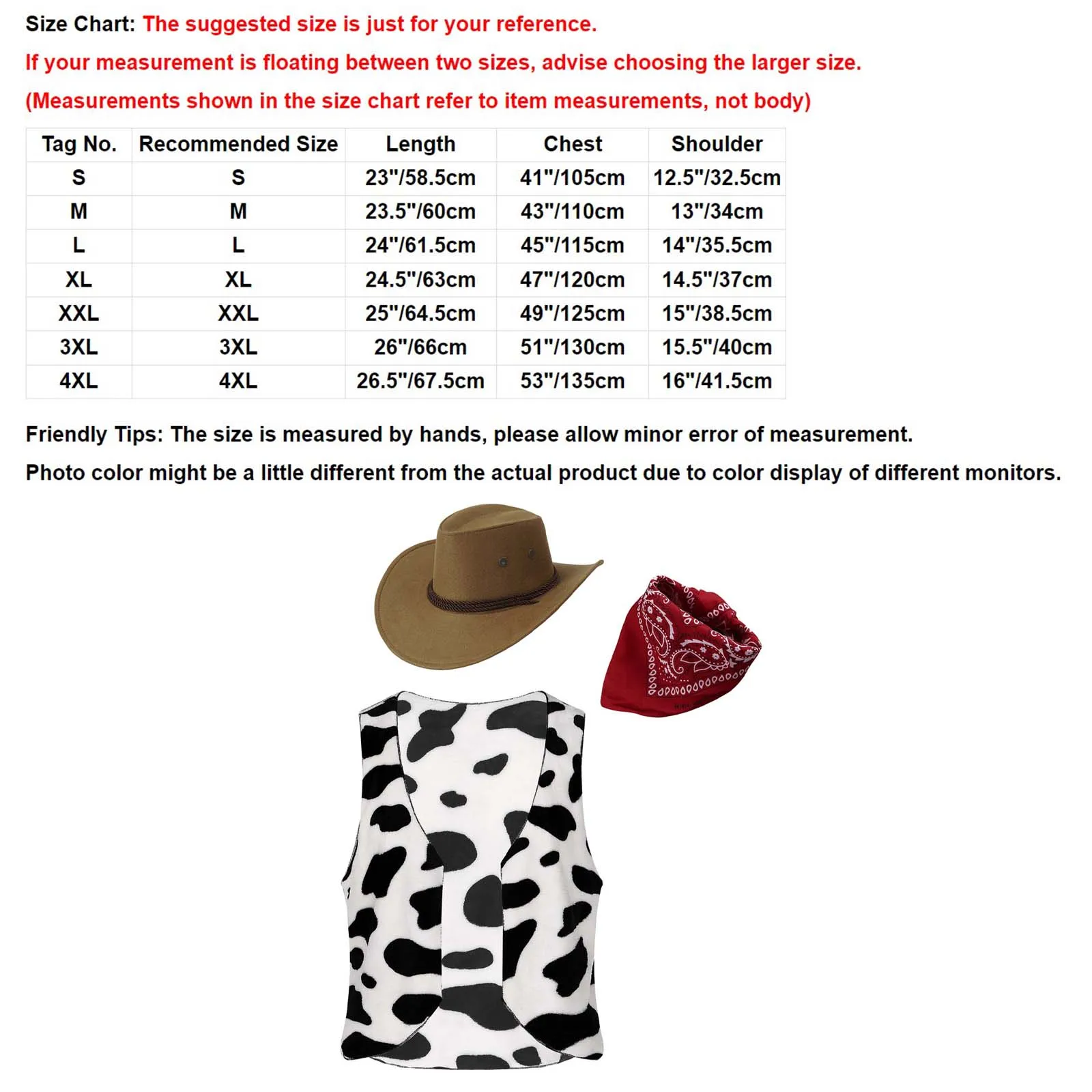 Mens Western Cowboy Cosplay Costume Cow Printed Waistcoat with Hat Bandanna Suit Halloween Party Dress-up Costumes Accessories