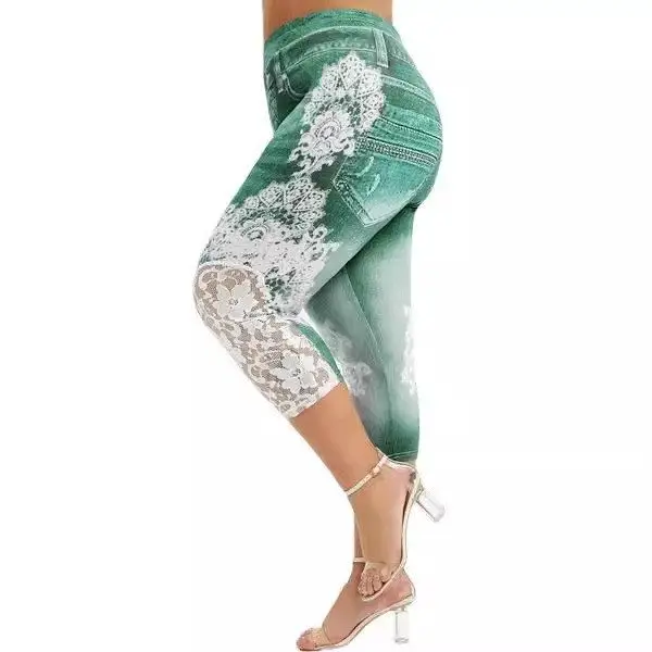 High Waist Lace Trim Fit Jeans Comfortable Yoga Creative Denim Print Seven-Foot Pants Casual Mid-Aged Women's Fashion