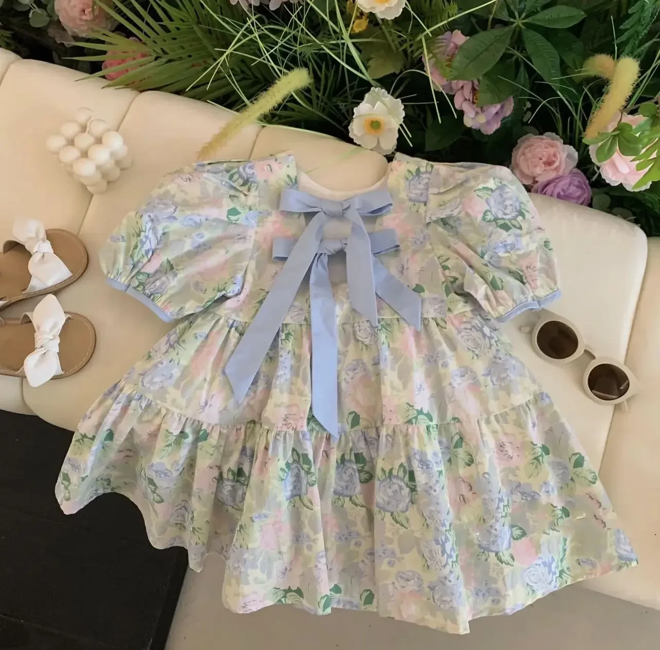 Summer New Mother Daughter Dresses Floral Princess Puff Sleeve Dress Cotton O-neck Cute Soft Elegance Family Matching Outfits