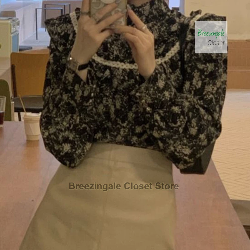 French retro floral shirt women's spring and autumn design sense niche stand-up collar wooden ear stitching shirt chic top tide