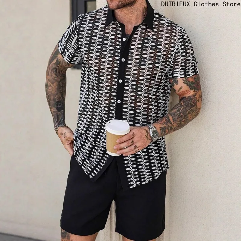 

【 Men's Fashion 】2025 Summer New Men's Sexy Cut-out Shirt, Black and White Fashionable Trendy Vacation Casual Top Mens Shirts