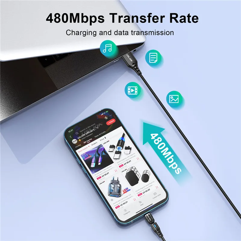 USLION 540 Rotate 5A Magnetic Cable Fast Charging Type C Cable Micro USB Magnet Charge Phone Data Line Wire For iphone 15 Xiaomi