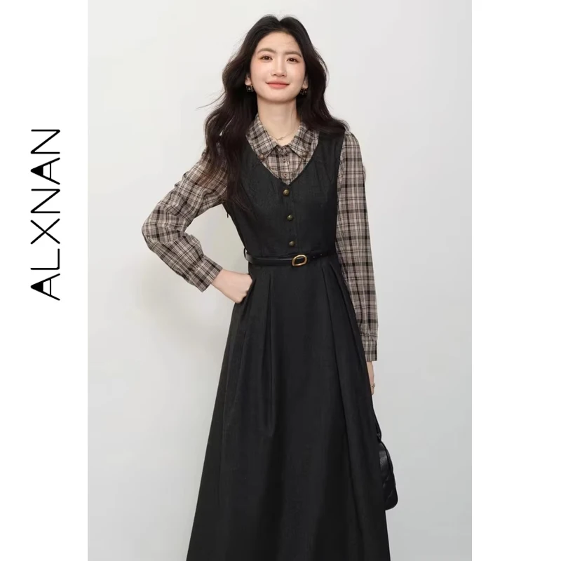 

ALXNAN Long-Sleeve Dress Autumn Shirt Patchwork Turn-down Collared Plaid Dress 2025 Formal Commuting Ladies Long Dress L57722