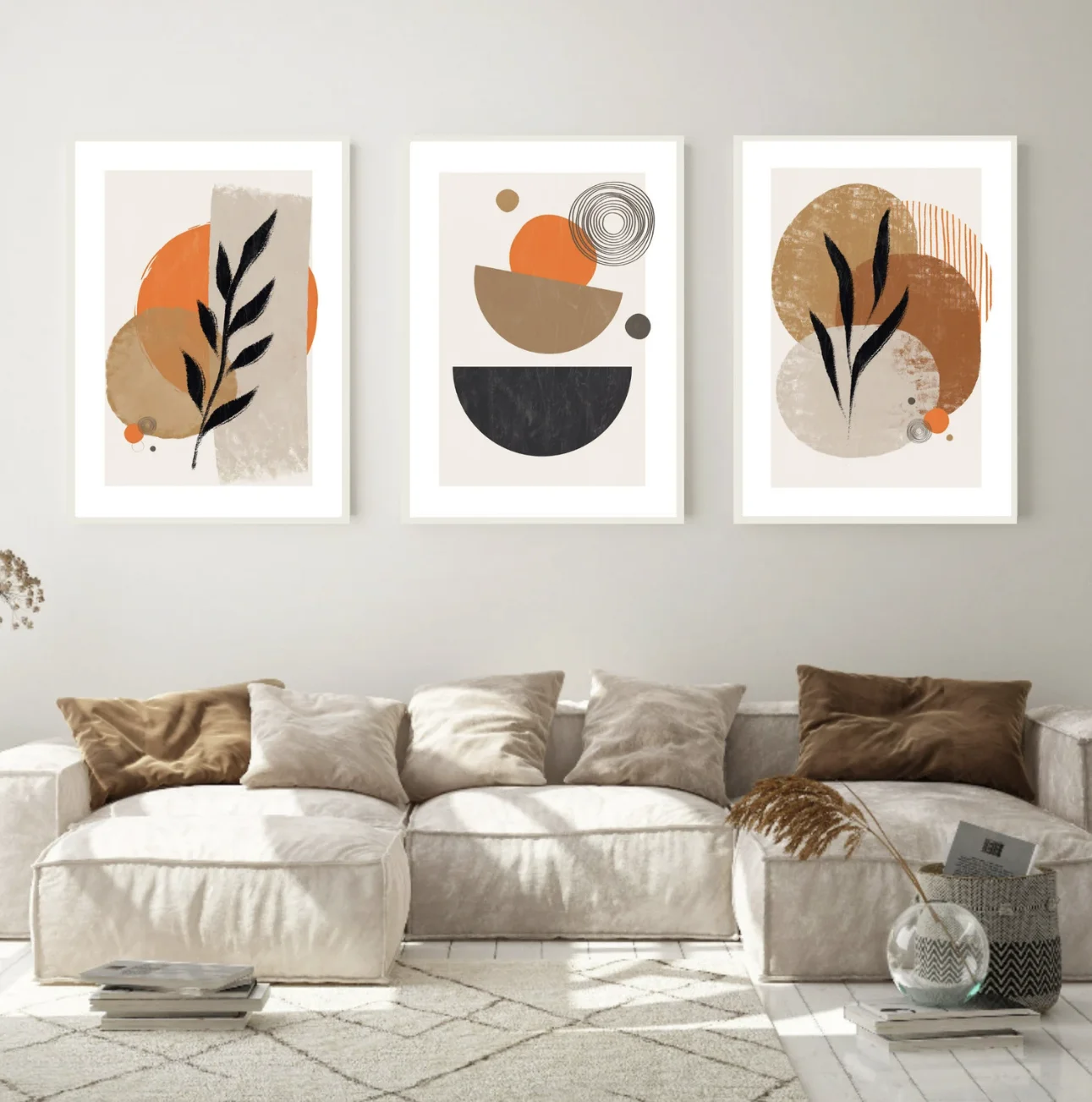Boho Abstract 3 Panels Wall Art Canvas Prints, Terracotta Plant Posters, Neutral Decor for Living Room Bedroom Decor