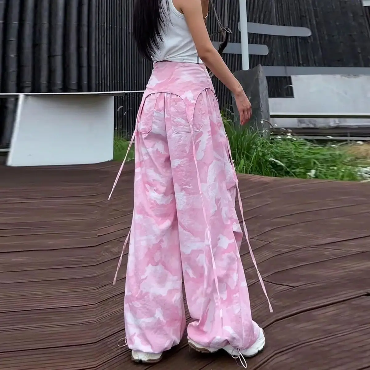 Y2K Sweet Pink Camo Baggy Pants Women High Waist Folded Waist Letter Embroidery Drawstring Wide Leg Street Cargo Trousers