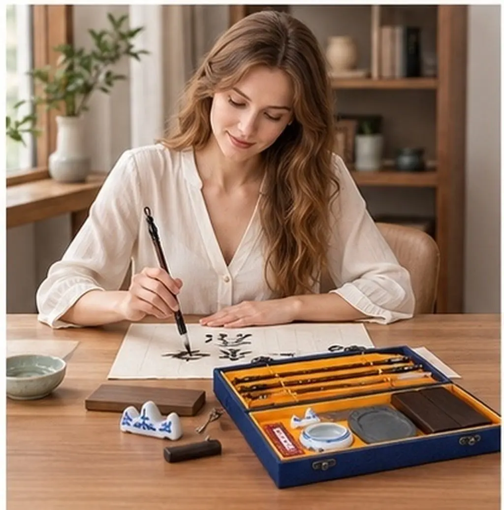 1Set Lightweight Calligraphy Ink Stone and Writing Brush Set Portable Practice Ink Stick for Student Artist Chinese Brush