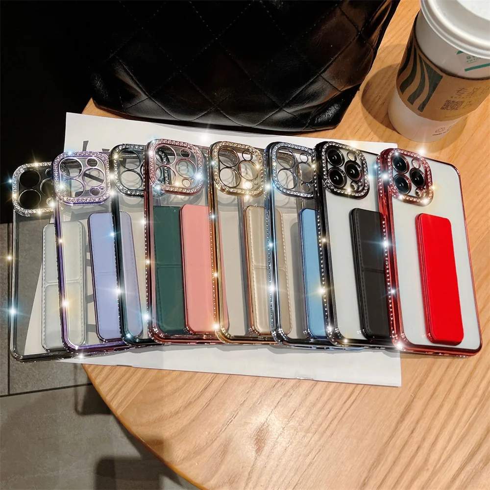 Luxury Wrist Strap Holder Diamonds Case for iPhone 11 12 13 14 15 16 Pro Max Plus Xs Xr Bling Shiny Glitter Plating Clear Cover