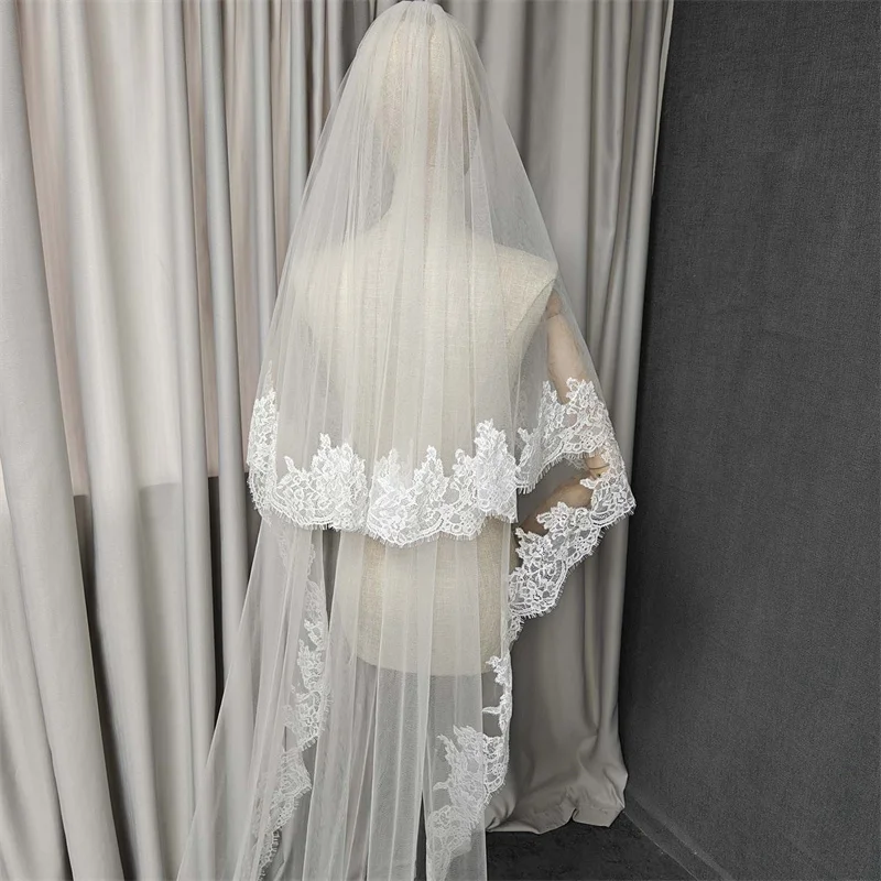 Customized 2 Layers Wedding Veil with Eyelash Lace, 1.5m/2m/2.5m/3m Bridal Veil with Blusher, 2T Eyelash Lace Veil