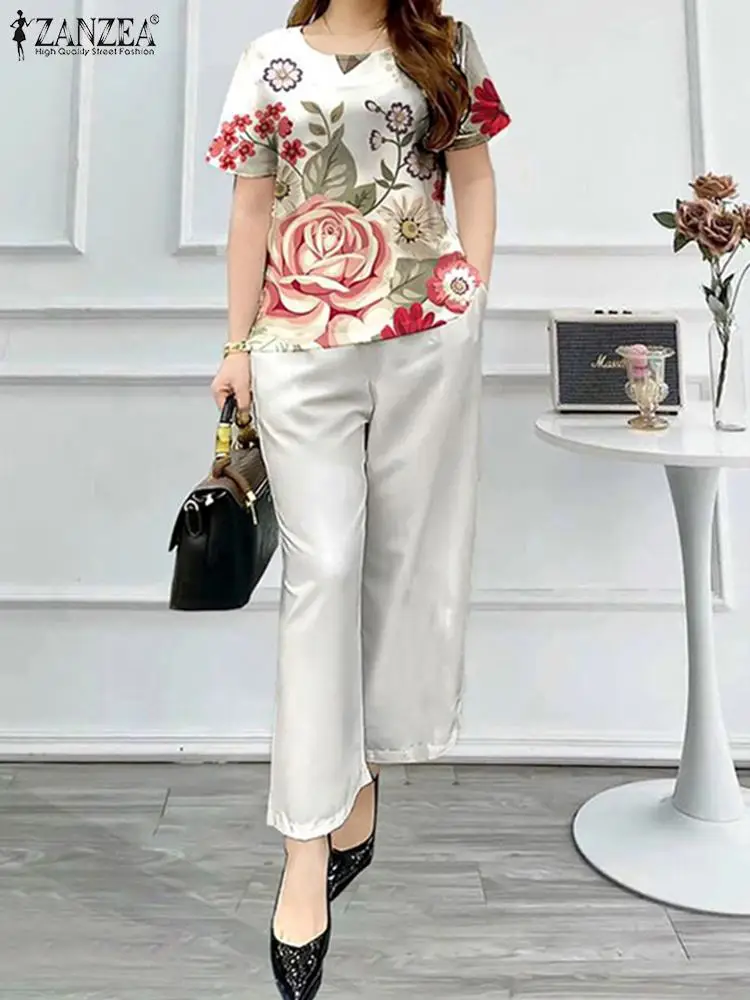 Elegant Women OL Work Pant Sets ZANZEA Summer 2pcs Short Sleeve Floral Blouse Trousers Suits Matching Sets Tracksuits Oversize