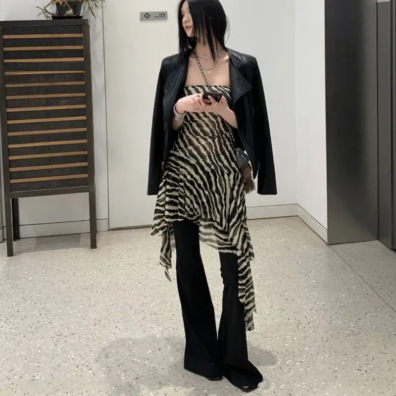 Spice Girl Zebra Pattern Tube Top Dress Women's Summer Waist Irregular A Word Short Skirt