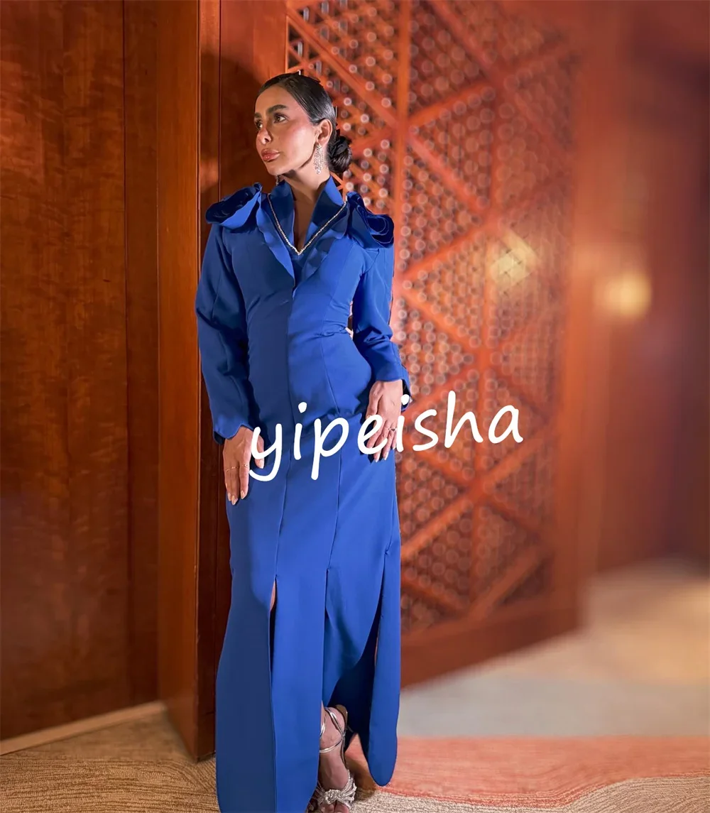 Personalizado de alta qualidade jérsei plissado flor em linha reta com decote em v midi vestidos de baile clássico requintado estilo moderno chine