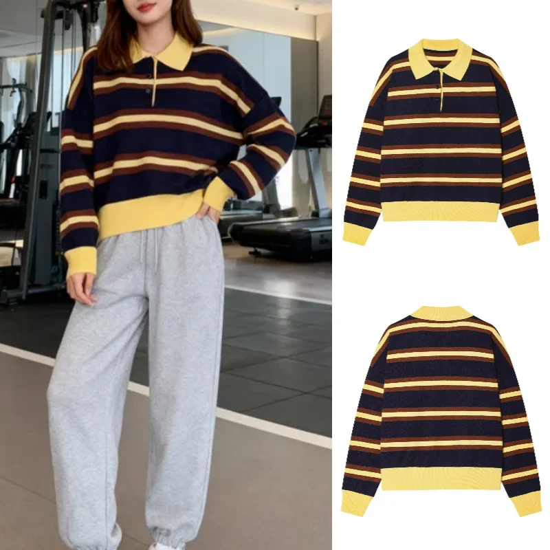 

Women's Striped Knit Polo Shirt Trendy Sexy Fashion 2025 Fall Seasonal Casual Wear Comfortable Fit Knitwear
