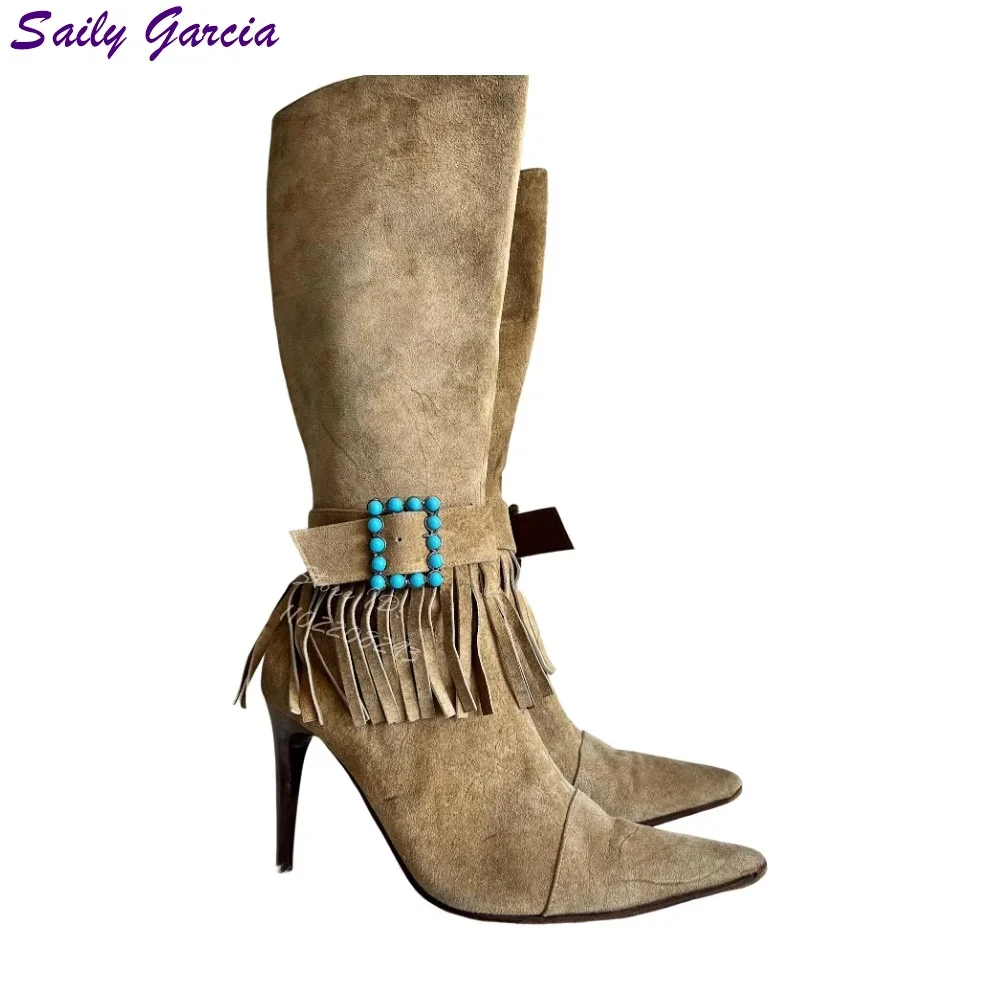 레트로 프린지 로마 부츠 블루 크리스탈 버클 스트랩 무릎 높이 부츠 지적 발가락 사이드 지퍼 하이힐 패션 캐주얼 신발 2025