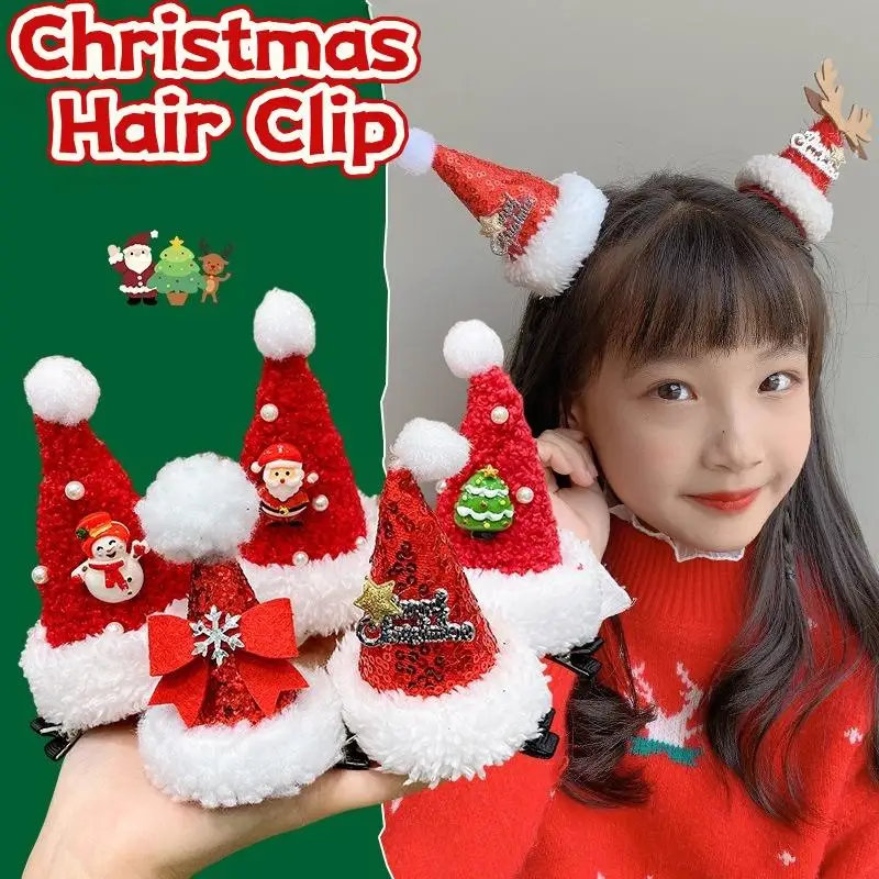 

Cartoon Cute Red Christmas Hat Hair Clip Santa Claus Cosplay Hairpin Festival Photograph Props Hair Accessories Headwear Gift